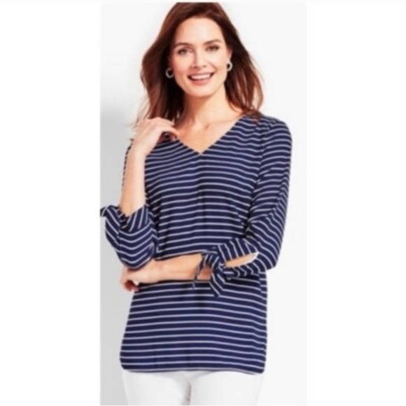 Talbots Blue and White Tie Front 3/4 Sleeve Blouse - Picture 1 of 14